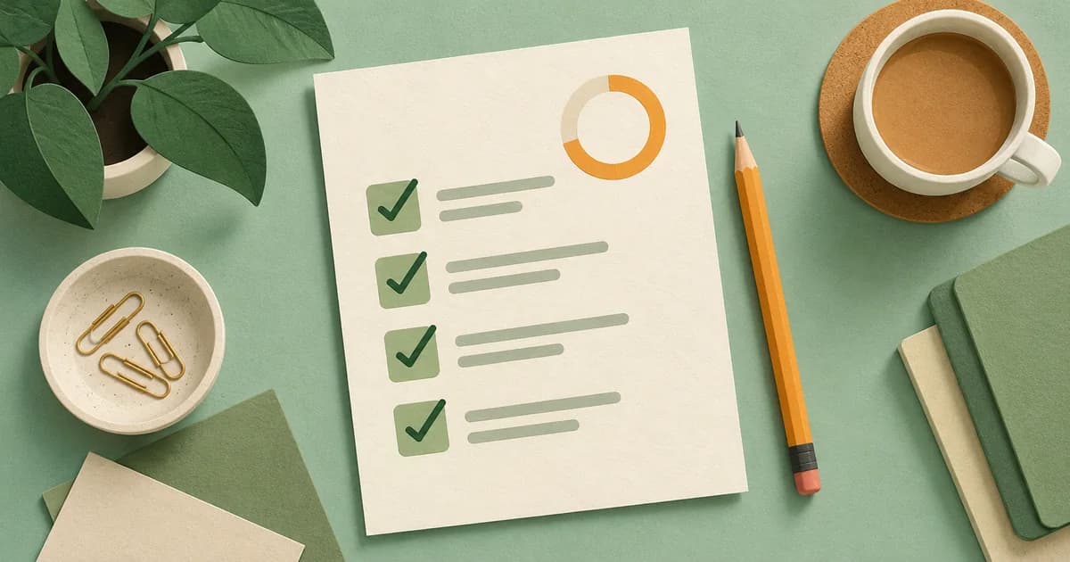 A daily report checklist with completed items and a pencil on a mint desk