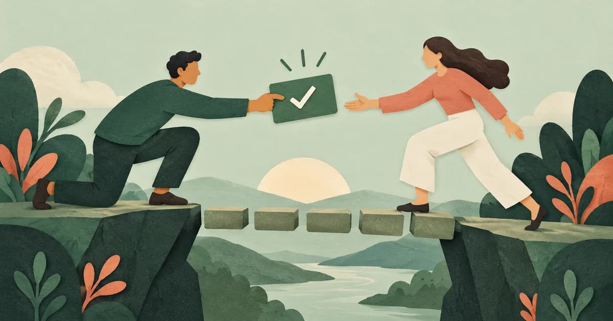 Two hands passing a completed task card across a shared handoff