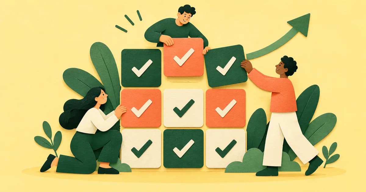 Three teammates organizing task cards into a completed grid