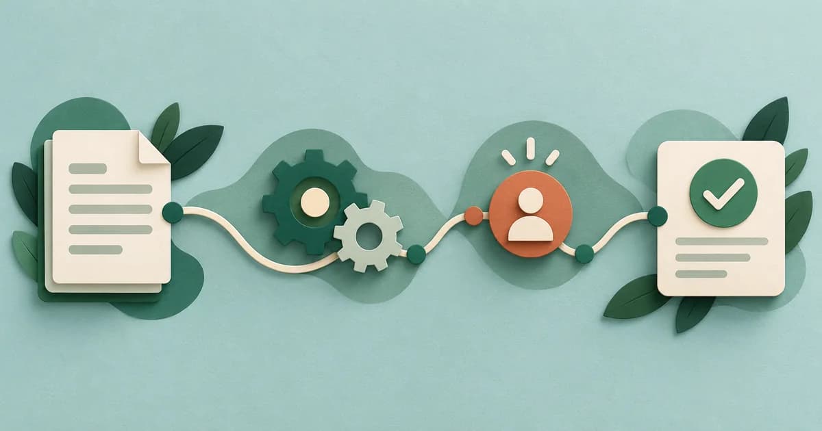 A form moving through gears and a review checkpoint to a completed task
