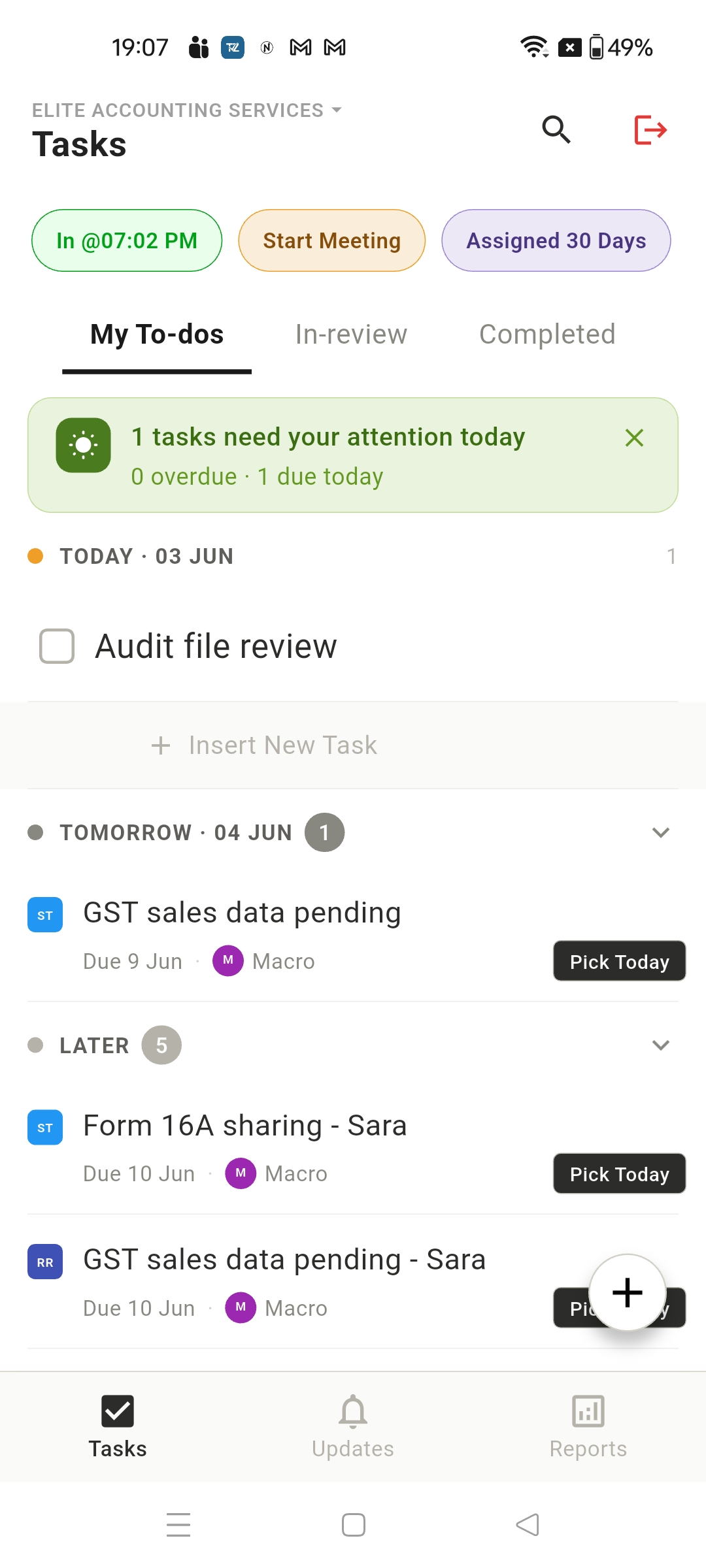 Taaskyz mobile app showing CA firm tasks